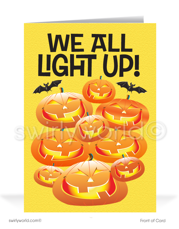 Brighten Halloween with Swirly World's Jack-O'-Lantern Greeting Card! Featuring a joyful gathering of pumpkins and the phrase "We All Light Up!" on the front, this card is perfect for spreading Halloween cheer to clients and friends. Customizable envelopes available for a personal touch!