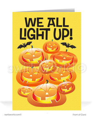 Brighten Halloween with Swirly World's Jack-O'-Lantern Greeting Card! Featuring a joyful gathering of pumpkins and the phrase "We All Light Up!" on the front, this card is perfect for spreading Halloween cheer to clients and friends. Customizable envelopes available for a personal touch!