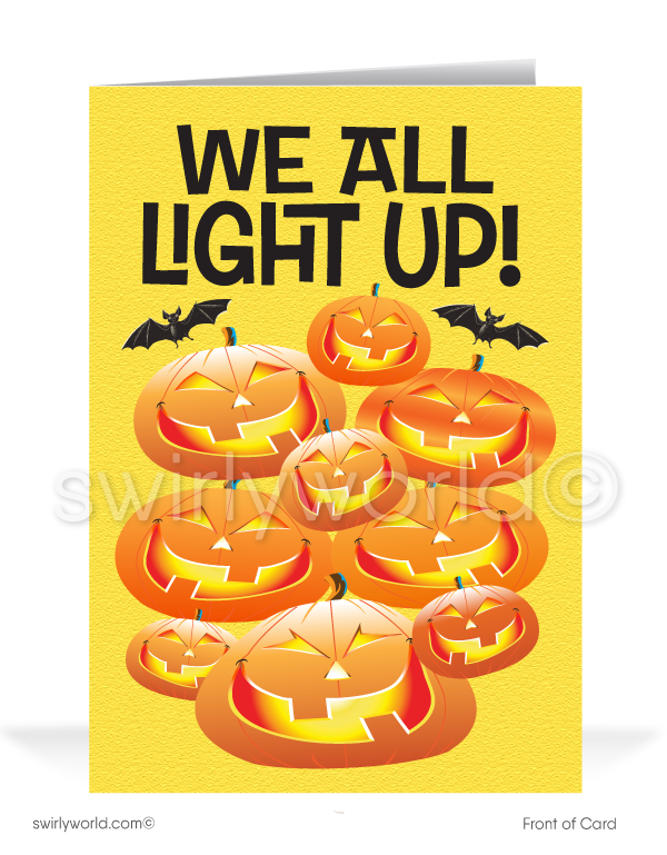 Funny Pumpkin Cartoon Jack-o-lanterns "We All Light Up" Printed Happy Halloween Cards 