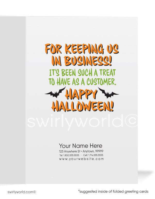 Spread Halloween cheer with Swirly World's Spirited Pumpkin Greeting Card! Featuring a lively pumpkin and "THANKS!" on the front, and the fun message "For Keeping Us in Business!" inside. Perfect for clients and friends. Customizable envelopes available for a personal touch!