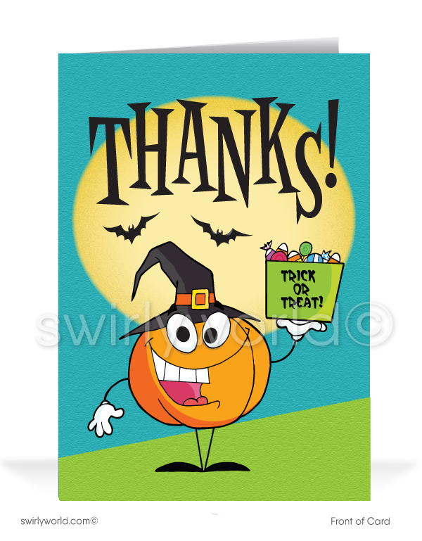 Spread Halloween cheer with Swirly World's Spirited Pumpkin Greeting Card! Featuring a lively pumpkin and "THANKS!" on the front, and the fun message "For Keeping Us in Business!" inside. Perfect for clients and friends. Customizable envelopes available for a personal touch!
