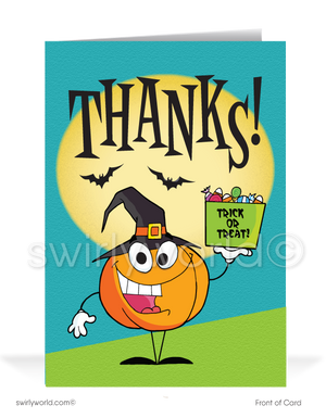 Spread Halloween cheer with Swirly World's Spirited Pumpkin Greeting Card! Featuring a lively pumpkin and "THANKS!" on the front, and the fun message "For Keeping Us in Business!" inside. Perfect for clients and friends. Customizable envelopes available for a personal touch!