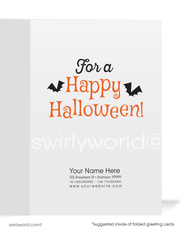 Cast a spell with Swirly World's Pin-Up Witch Halloween Greeting Card! Featuring a charming witch on a broom with the message "Best Witches" on the front and "For a Happy Halloween!" inside. Perfect for spreading Halloween cheer to clients and friends. Customizable envelopes available!