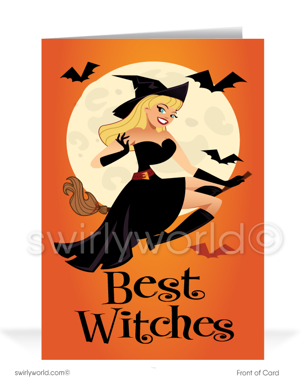 Cast a spell with Swirly World's Pin-Up Witch Halloween Greeting Card! Featuring a charming witch on a broom with the message "Best Witches" on the front and "For a Happy Halloween!" inside. Perfect for spreading Halloween cheer to clients and friends. Customizable envelopes available!