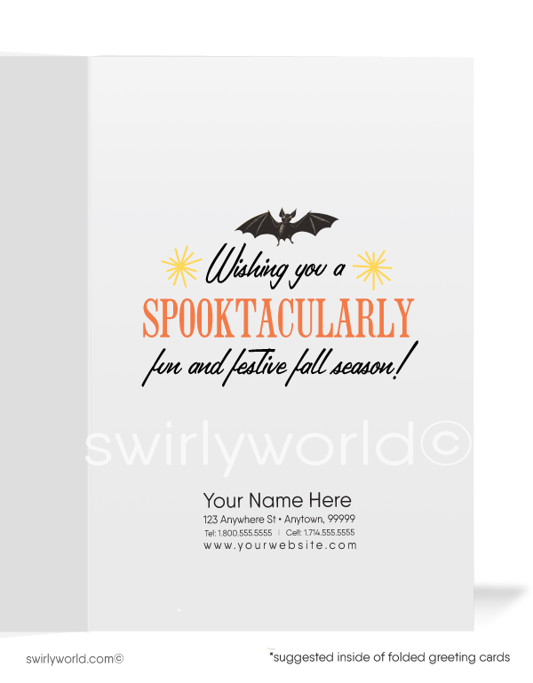 Celebrate Halloween with Swirly World's 1920s-1930s Art Deco cards. Featuring an adorable baby holding a large carved jack-o'-lantern with starbursts and a fluttering bat above. Perfect for lovers of the mid-century aesthetic. Choose single-panel or folded options, with customizable envelopes available.