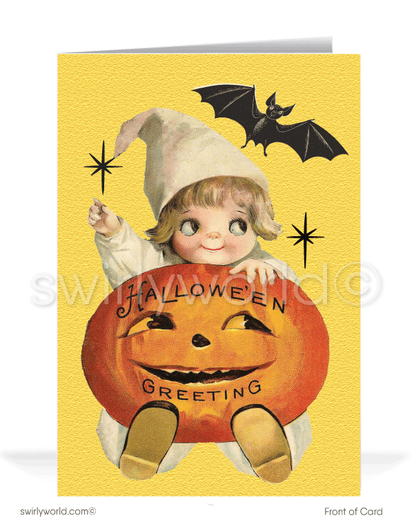 Celebrate Halloween with Swirly World's 1920s-1930s Art Deco cards. Featuring an adorable baby holding a large carved jack-o'-lantern with starbursts and a fluttering bat above. Perfect for lovers of the mid-century aesthetic. Choose single-panel or folded options, with customizable envelopes available.
