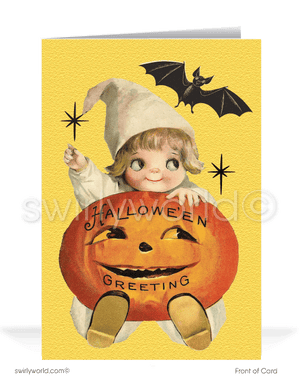 Celebrate Halloween with Swirly World's 1920s-1930s Art Deco cards. Featuring an adorable baby holding a large carved jack-o'-lantern with starbursts and a fluttering bat above. Perfect for lovers of the mid-century aesthetic. Choose single-panel or folded options, with customizable envelopes available.