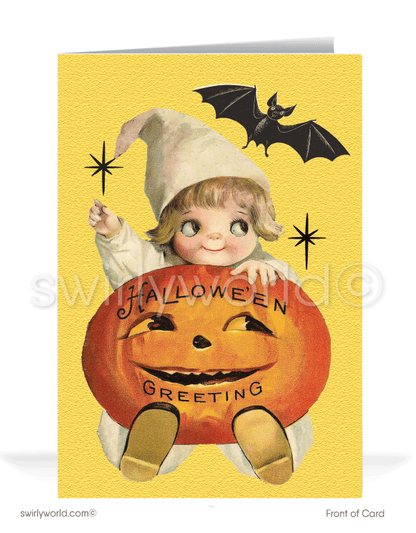 1930’s vintage mid-century retro Art Deco pumpkin Happy Halloween Greeting Cards for Business Customers.