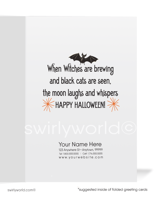 Celebrate Halloween with Swirly World's vintage 1930s-1940s Art Deco style greeting card featuring a witch stirring her cauldron and a glowing jack-o'-lantern. Available in flat or folded styles with optional custom envelopes. Perfect for adding a nostalgic touch to your Halloween greetings!