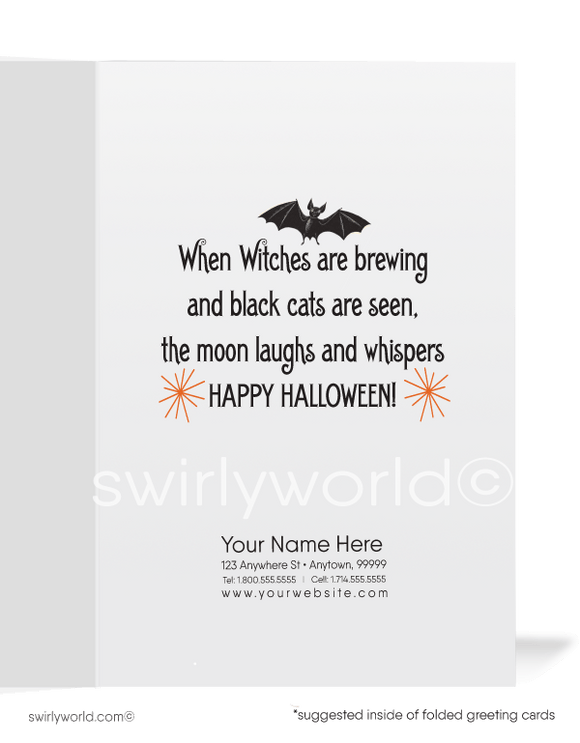 Celebrate Halloween with Swirly World's vintage 1930s-1940s Art Deco style greeting card featuring a witch stirring her cauldron and a glowing jack-o'-lantern. Available in flat or folded styles with optional custom envelopes. Perfect for adding a nostalgic touch to your Halloween greetings!