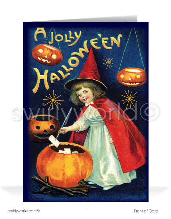 1930’s vintage little witch Art Deco style Happy Halloween Greeting Cards for Business Customers.