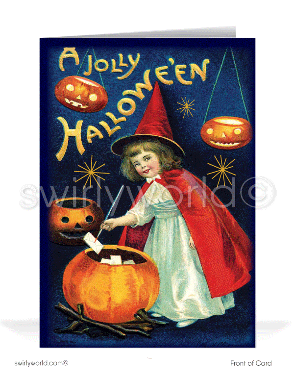 Celebrate Halloween with Swirly World's vintage 1930s-1940s Art Deco style greeting card featuring a witch stirring her cauldron and a glowing jack-o'-lantern. Available in flat or folded styles with optional custom envelopes. Perfect for adding a nostalgic touch to your Halloween greetings!