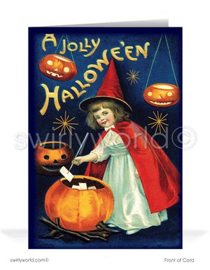 Celebrate Halloween with Swirly World's vintage 1930s-1940s Art Deco style greeting card featuring a witch stirring her cauldron and a glowing jack-o'-lantern. Available in flat or folded styles with optional custom envelopes. Perfect for adding a nostalgic touch to your Halloween greetings!