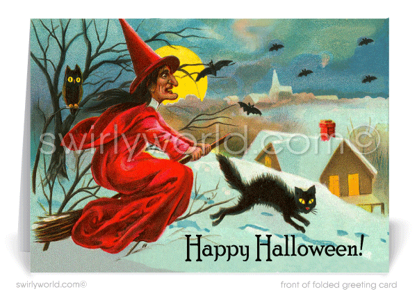 1930's Vintage Art Deco Retro Witch Halloween Greetings Cards. Vintage 1920s witch halloween greeting cards