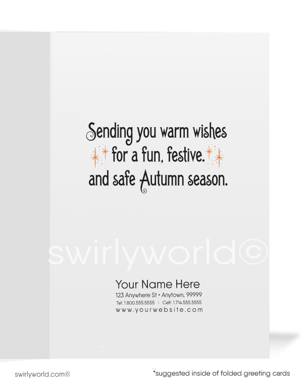 Celebrate Halloween with Swirly World's vintage Art Deco style greeting card featuring a charming jack-o'-lantern and playful black cats in a 1920s-1930s-inspired design. Available in flat or folded styles with custom envelope options. Add a nostalgic, festive touch to your Halloween greetings!