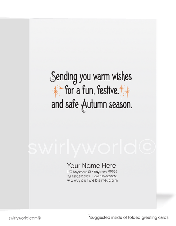 Celebrate Halloween with Swirly World's vintage Art Deco style greeting card featuring a charming jack-o'-lantern and playful black cats in a 1920s-1930s-inspired design. Available in flat or folded styles with custom envelope options. Add a nostalgic, festive touch to your Halloween greetings!