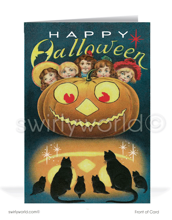 Celebrate Halloween with Swirly World's vintage Art Deco style greeting card featuring a charming jack-o'-lantern and playful black cats in a 1920s-1930s-inspired design. Available in flat or folded styles with custom envelope options. Add a nostalgic, festive touch to your Halloween greetings!