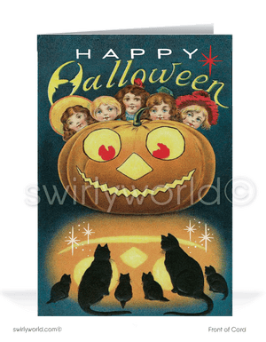 Celebrate Halloween with Swirly World's vintage Art Deco style greeting card featuring a charming jack-o'-lantern and playful black cats in a 1920s-1930s-inspired design. Available in flat or folded styles with custom envelope options. Add a nostalgic, festive touch to your Halloween greetings!