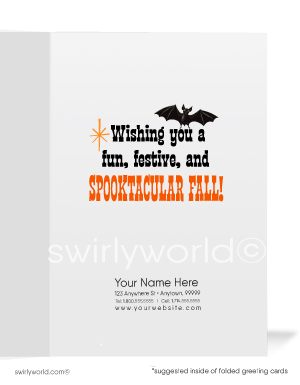 Celebrate Halloween with Swirly World's retro MCM greeting cards. Featuring a cowboy with a jack-o'-lantern head, lassoing "Happy Halloween Y'all" in retro western typography against an eerie desert scene with an orange sky and bats. Perfect for 1950s-1960s style lovers. Choose single-panel or folded options, with customizable envelopes available.
