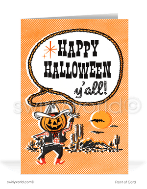Celebrate Halloween with Swirly World's retro MCM greeting cards. Featuring a cowboy with a jack-o'-lantern head, lassoing "Happy Halloween Y'all" in retro western typography against an eerie desert scene with an orange sky and bats. Perfect for 1950s-1960s style lovers. Choose single-panel or folded options, with customizable envelopes available.