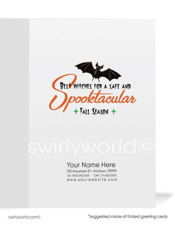 Step back into the 1950s-1960s with Swirly World's vintage Halloween cards. Featuring a spooked black kitty cat with atomic starbursts against a vibrant orange and green background. Perfect for mid-century style lovers. Choose single-panel or folded options, with customizable envelopes available.