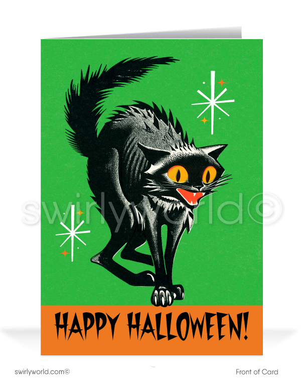 Vintage 1950s-1960s Mid-Century Atomic Retro Black Cat Halloween Greeting Cards