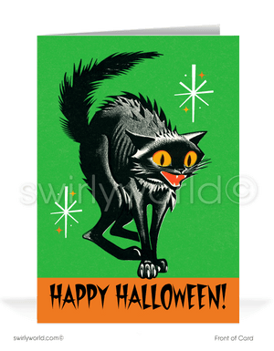 Step back into the 1950s-1960s with Swirly World's vintage Halloween cards. Featuring a spooked black kitty cat with atomic starbursts against a vibrant orange and green background. Perfect for mid-century style lovers. Choose single-panel or folded options, with customizable envelopes available.