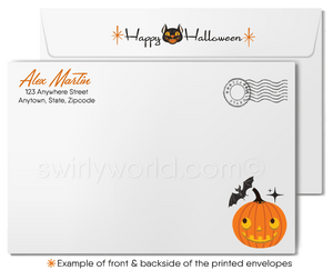 Step back in time with Swirly World's kitschy 1940s-1950s style Vintage Halloween Cards. Featuring a sweet girl in a green-faced witch mask peering out of a window against a starry, moonlit black backdrop. Choose from single-panel or folded options, with customizable envelopes available.
