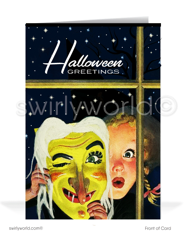 Step back in time with Swirly World's kitschy 1940s-1950s style Vintage Halloween Cards. Featuring a sweet girl in a green-faced witch mask peering out of a window against a starry, moonlit black backdrop. Choose from single-panel or folded options, with customizable envelopes available.