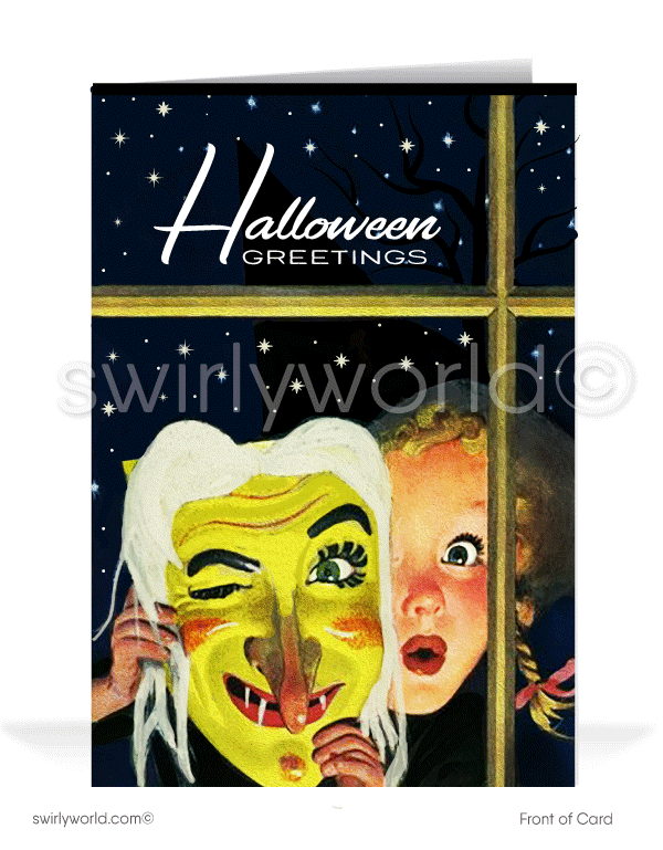 Vintage 1930s-1940s Retro Cute Art Deco Witch Mask Printed Halloween Cards
