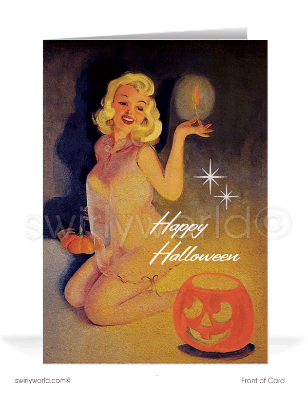1950’s vintage mid-century retro sexy blonde pin-up girl Happy Halloween Greeting Cards.