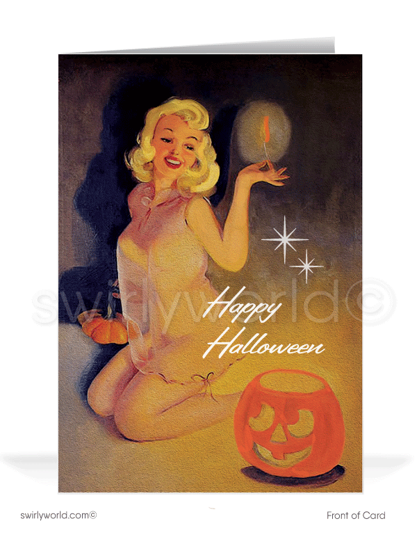 Capture vintage charm with Swirly World's Pin-up Halloween cards. Featuring a captivating blonde pin-up girl lighting a jack-o'-lantern in a 1950s-style design. Perfect for mid-century enthusiasts. Choose single-panel or folded options, with customizable envelopes available to make a lasting impression.