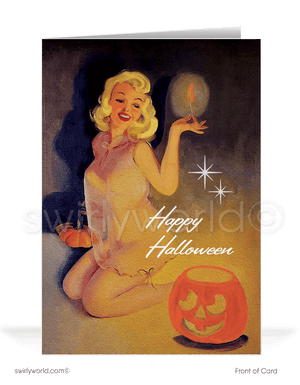 Capture vintage charm with Swirly World's Pin-up Halloween cards. Featuring a captivating blonde pin-up girl lighting a jack-o'-lantern in a 1950s-style design. Perfect for mid-century enthusiasts. Choose single-panel or folded options, with customizable envelopes available to make a lasting impression.