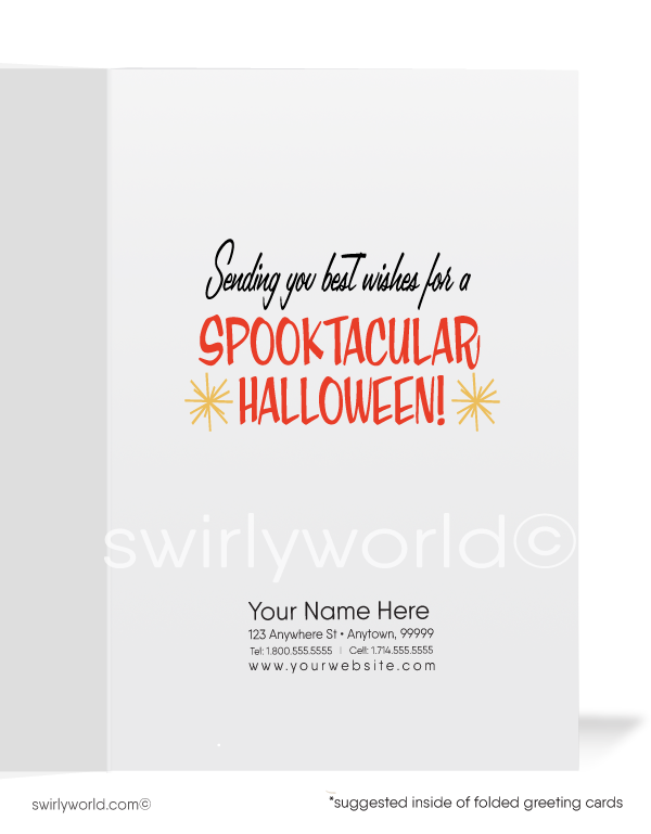 Captivate your Halloween with Swirly World's vintage-style cards. Featuring a striking witch pin-up girl in a black corset alongside a sleek bat-like kitty cat against a blood-orange backdrop with atomic starbursts. Perfect for mid-century enthusiasts. Choose single-panel or folded options with customizable envelopes.