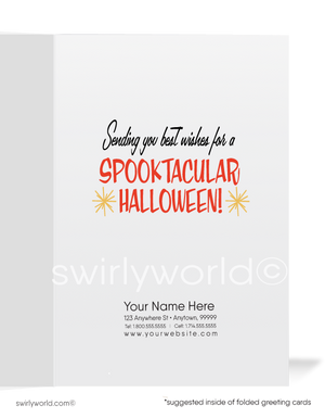 Vintage Witch Halloween Card – 1950s Pinup Girl with Bat Cat & Blood Orange Backdrop