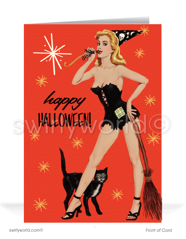 1950’s vintage mid-century retro blonde pinup girl Birthday Happy Halloween Greeting Cards for Business Customers.