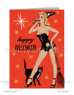 Captivate your Halloween with Swirly World's vintage-style cards. Featuring a striking witch pin-up girl in a black corset alongside a sleek bat-like kitty cat against a blood-orange backdrop with atomic starbursts. Perfect for mid-century enthusiasts. Choose single-panel or folded options with customizable envelopes.