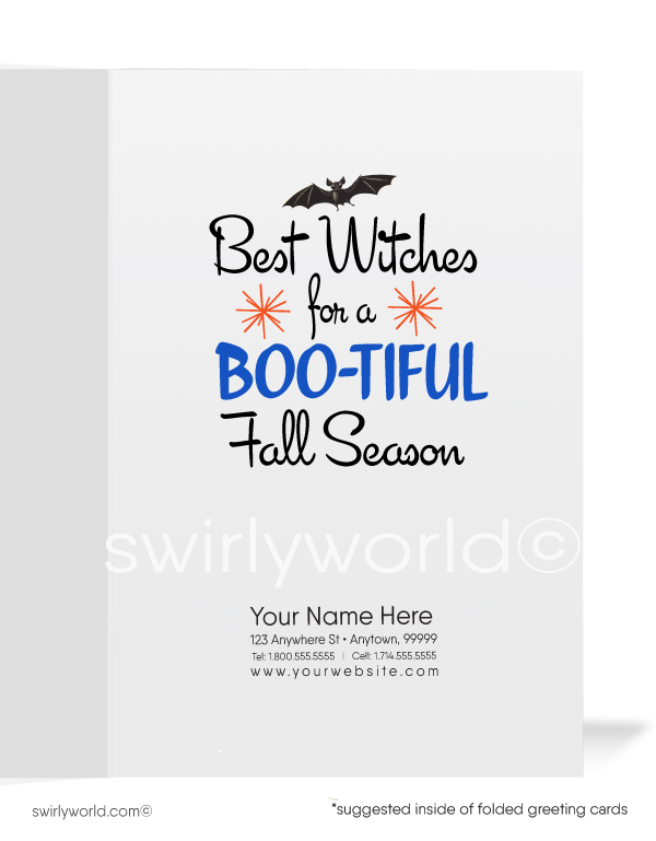 Enchant your Halloween with Swirly World's vintage-style Pin-up cards. Featuring a sultry pin-up girl dressed as a black cat, cradling a kitten while perched on a jack-o'-lantern. Perfect for mid-century style lovers. Choose single-panel or folded options, with customizable envelopes available.