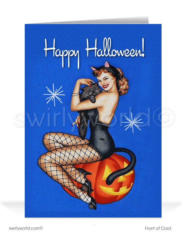 Vintage Pin-up Girl Black Kitty Cat 1950's Mid-Century Mod Printed Halloween Cards