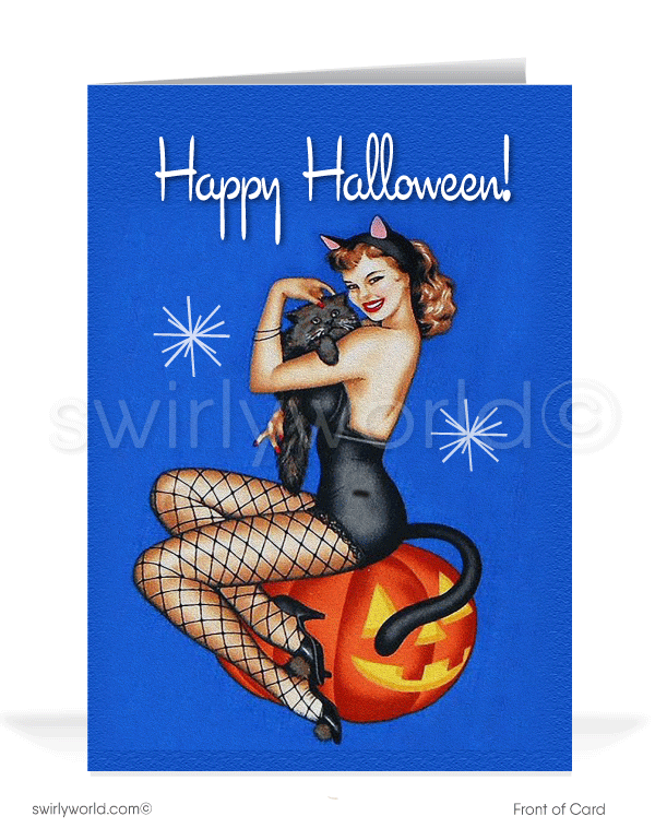 Enchant your Halloween with Swirly World's vintage-style Pin-up cards. Featuring a sultry pin-up girl dressed as a black cat, cradling a kitten while perched on a jack-o'-lantern. Perfect for mid-century style lovers. Choose single-panel or folded options, with customizable envelopes available.