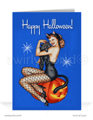Enchant your Halloween with Swirly World's vintage-style Pin-up cards. Featuring a sultry pin-up girl dressed as a black cat, cradling a kitten while perched on a jack-o'-lantern. Perfect for mid-century style lovers. Choose single-panel or folded options, with customizable envelopes available.