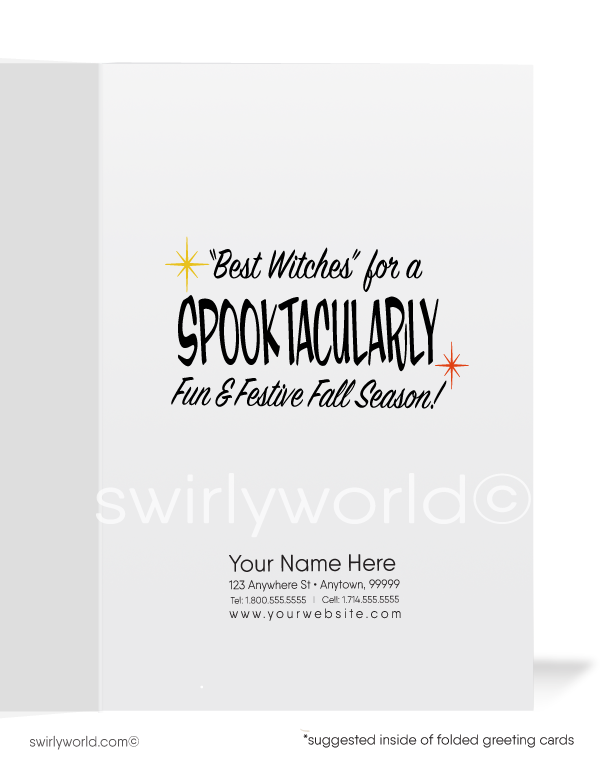 Enchant your Halloween with Swirly World's vintage-style cards. Featuring a stunning witch pin-up girl atop a jack-o'-lantern, set against a vibrant orange and yellow backdrop with atomic starbursts. Perfect for mid-century style enthusiasts. Choose single-panel or folded options with customizable envelopes.