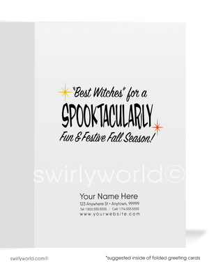 1950s Vintage Witch Pin-up Halloween Card with Jack-o'-Lantern and Atomic Starbursts