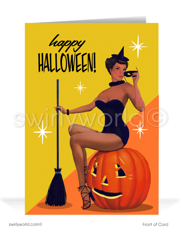1950’s vintage mid-century retro "Best Witches" pinup girl Happy Halloween Greeting Cards. Black african american pinup girl. Black brown halloween cards