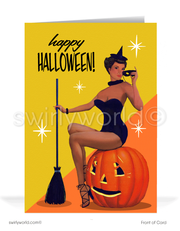 Enchant your Halloween with Swirly World's vintage-style cards. Featuring a stunning witch pin-up girl atop a jack-o'-lantern, set against a vibrant orange and yellow backdrop with atomic starbursts. Perfect for mid-century style enthusiasts. Choose single-panel or folded options with customizable envelopes.