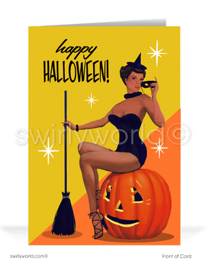 Enchant your Halloween with Swirly World's vintage-style cards. Featuring a stunning witch pin-up girl atop a jack-o'-lantern, set against a vibrant orange and yellow backdrop with atomic starbursts. Perfect for mid-century style enthusiasts. Choose single-panel or folded options with customizable envelopes.