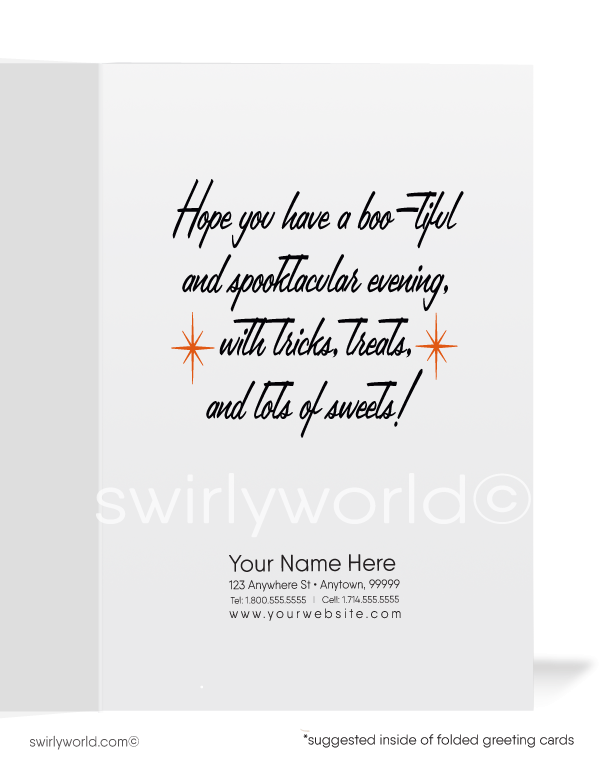 Celebrate Halloween with Swirly World's vintage-style greeting cards. Featuring a captivating witch pin-up girl lounging beside a glowing jack-o'-lantern, perfect for fans of mid-century modern aesthetics. Choose single-panel or folded options with customizable envelopes to make a lasting impression.