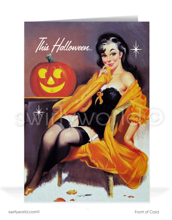 Celebrate Halloween with Swirly World's vintage-style greeting cards. Featuring a captivating witch pin-up girl lounging beside a glowing jack-o'-lantern, perfect for fans of mid-century modern aesthetics. Choose single-panel or folded options with customizable envelopes to make a lasting impression.