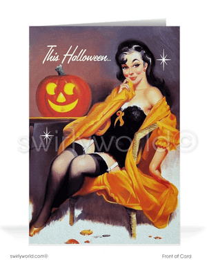 Celebrate Halloween with Swirly World's vintage-style greeting cards. Featuring a captivating witch pin-up girl lounging beside a glowing jack-o'-lantern, perfect for fans of mid-century modern aesthetics. Choose single-panel or folded options with customizable envelopes to make a lasting impression.