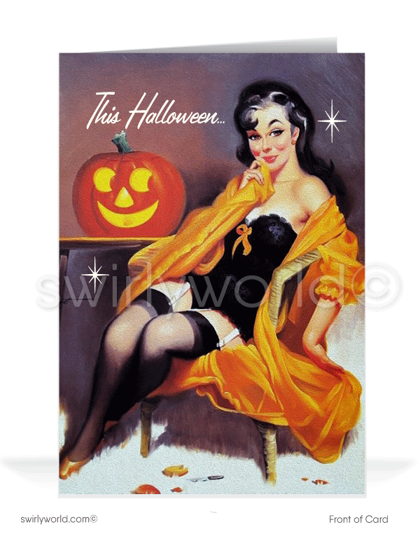 1960’s vintage mid-century retro sext pinup girl Happy Halloween Greeting Cards.